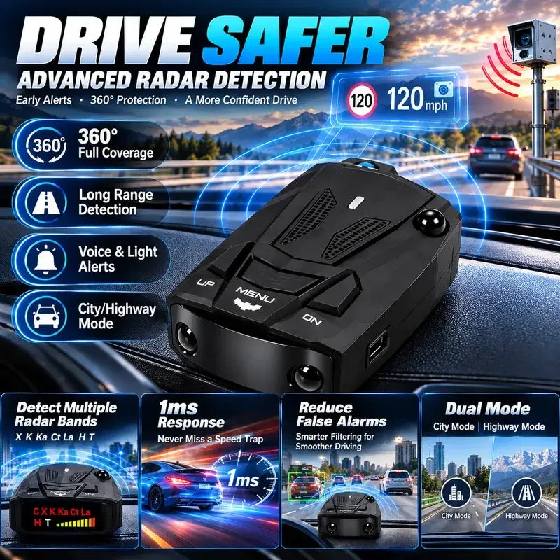 🚗v7 Multi-band Radar Alert Detector – Voice & Led Alerts With City/highway Modes