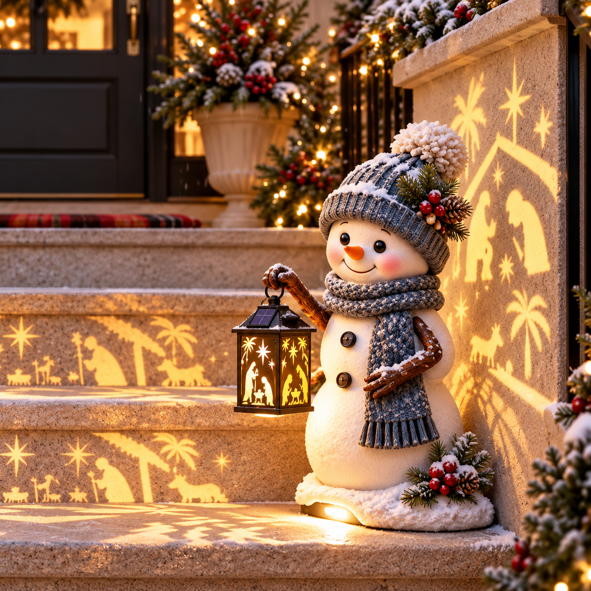 ⛄️🎄Snowman Nativity Glow – Solar Christmas Step Light with Holy Family Projection