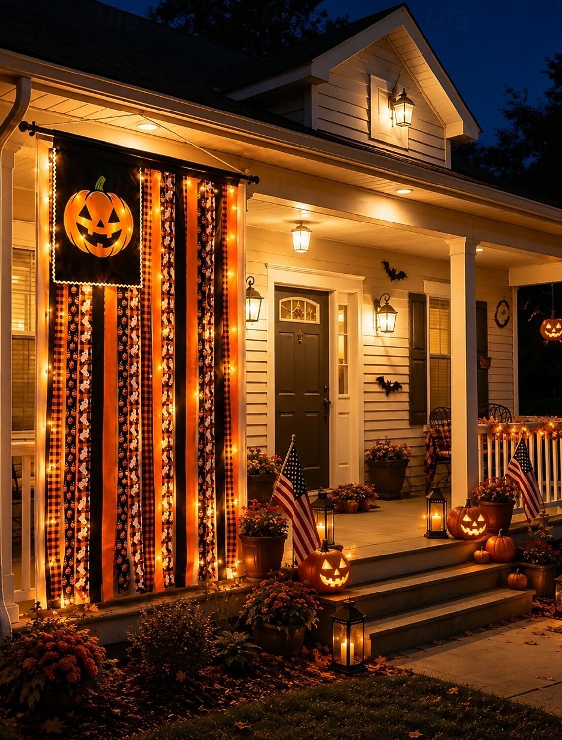 Halloween Banner Flag Pre-Lit Pumpkin Fabric Ribbon