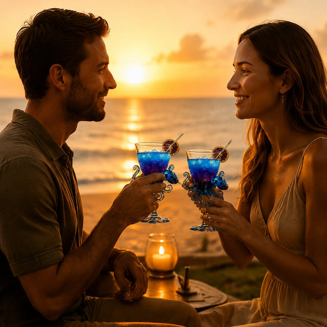 A couple toasting with ocean-themed cocktail goblets at sunset