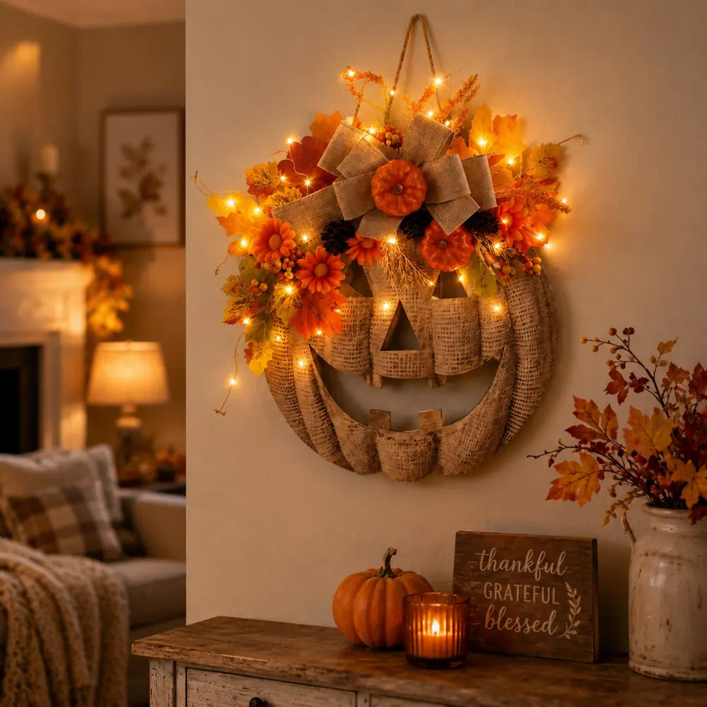 Lighted burlap pumpkin wreath glowing in a cozy fall room