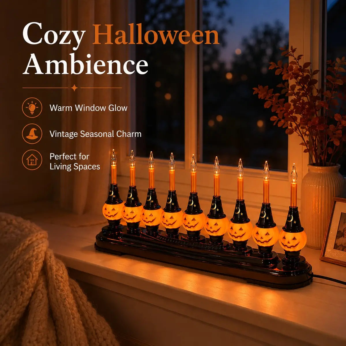 Nine glowing jack-o'-lantern candle lights displayed on a cozy windowsill