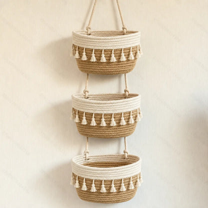 🧺3-Tier Woven Hanging Basket Organizer – Space-Saving Wall Storage for Any Room