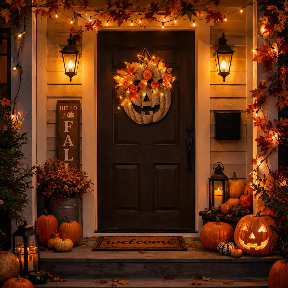 Lighted pumpkin wreath displayed on a front door at night