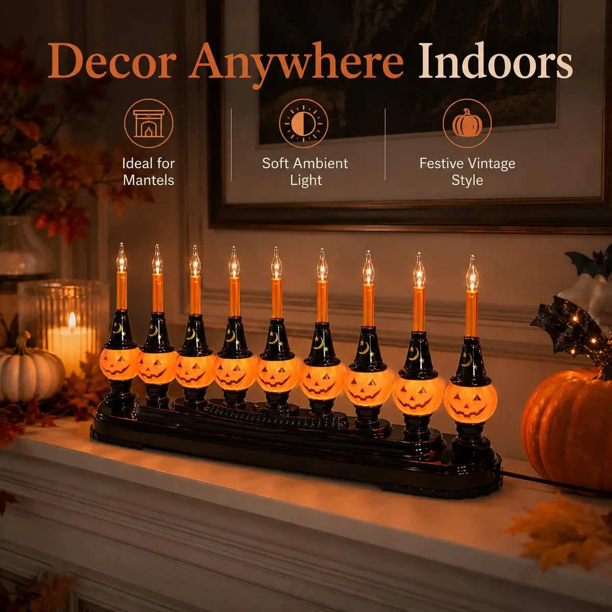 Pumpkin candle light used as an indoor Halloween mantel display