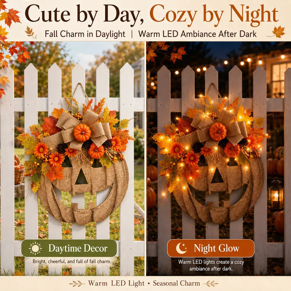 Day and night comparison of the burlap pumpkin wreath