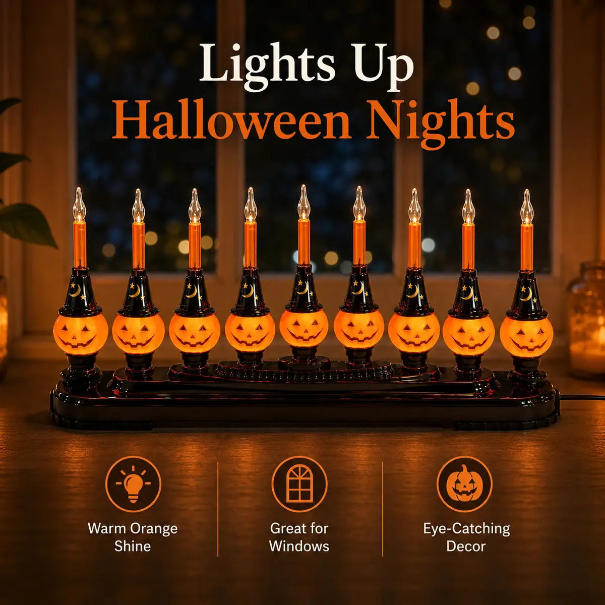 Vintage pumpkin candle display glowing warmly at night