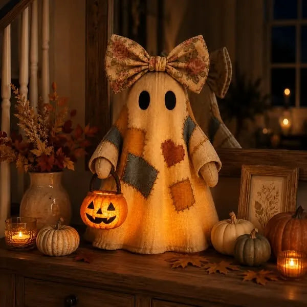 👻 25.6" Lighted Vintage Patchwork Ghost – Cozy Halloween & Fall Home Decor