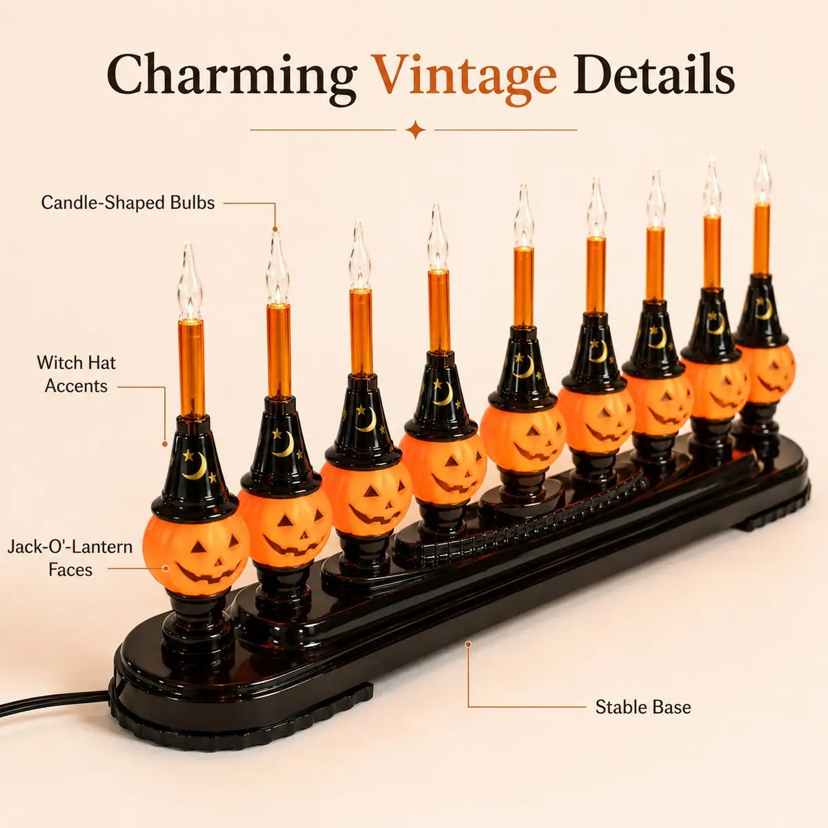Close view of candle-shaped bulbs, witch-hat accents, pumpkin faces, and stable black base