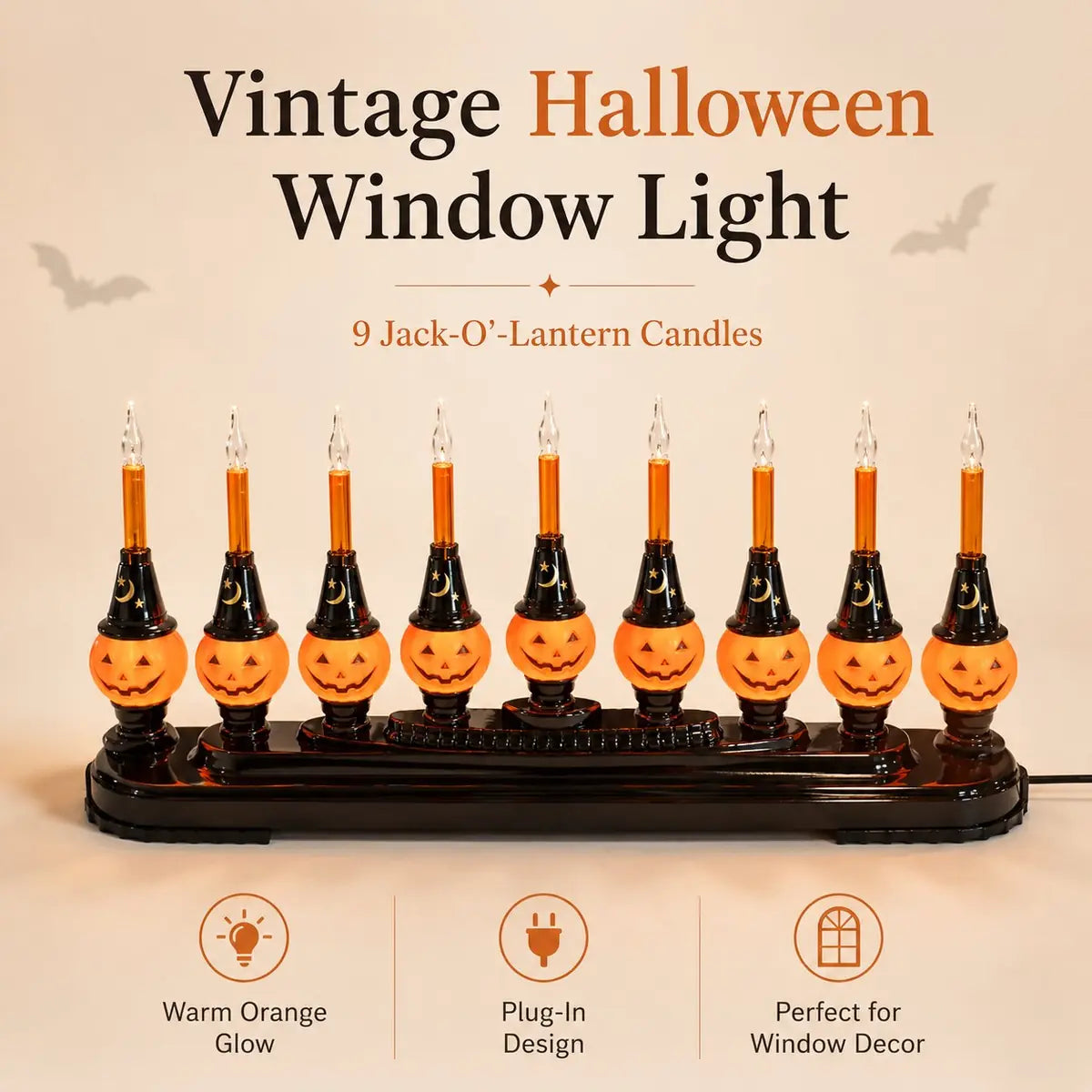 Complete nine-pumpkin vintage Halloween window light