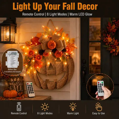 Remote control and lighting features of the pumpkin wreath