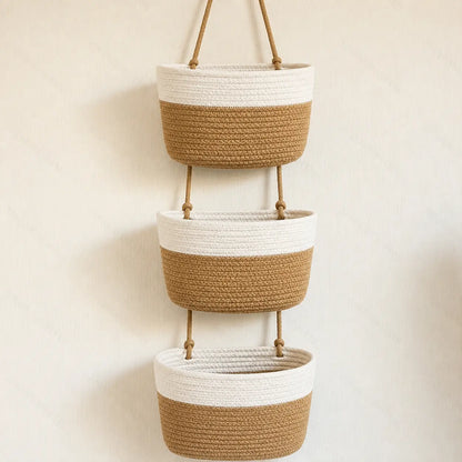 🧺3-Tier Woven Hanging Basket Organizer – Space-Saving Wall Storage for Any Room