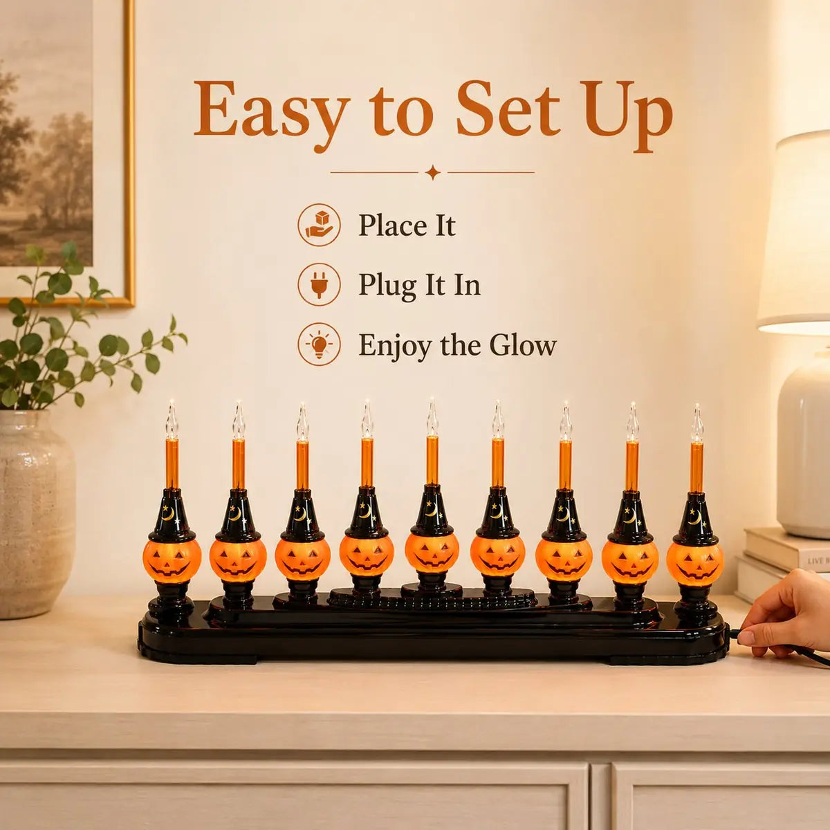 Three-step setup showing the pumpkin light placed on a shelf and plugged in