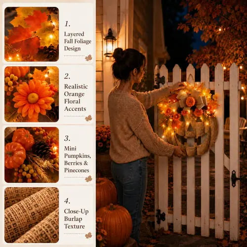 Close-up of burlap texture, fall flowers, leaves, pumpkins, berries, and pinecones