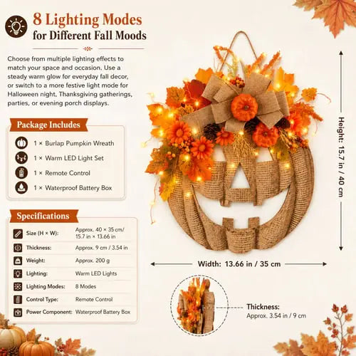 Pumpkin wreath dimensions, lighting features, and package contents