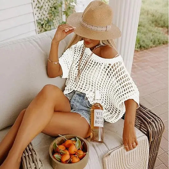 Short Sleeve Crochet Sweater Lightweight Summer Tops Loose Hollow Out Crewneck Pullover