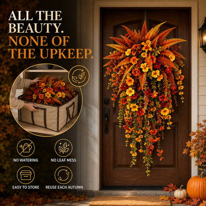 🍂 Artificial Fall Harvest Hanging Basket – Rustic Autumn Porch & Door Decor