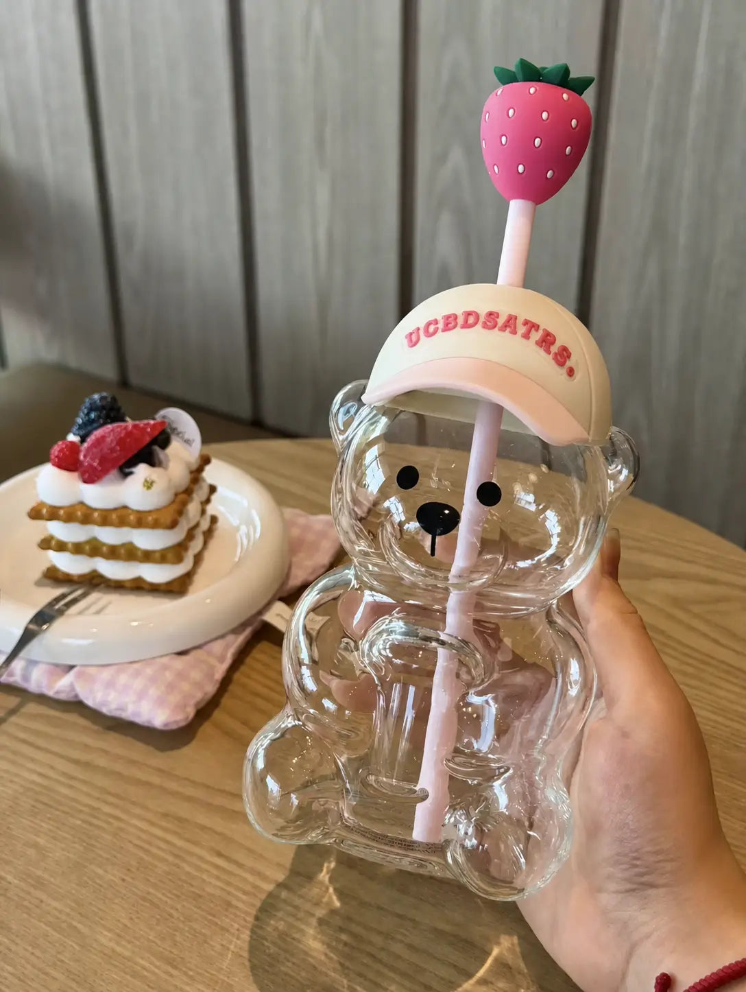 Cute Teddy Bear Glass Tumbler with Strawberry Straw – 20oz Reusable Iced Coffee Cup