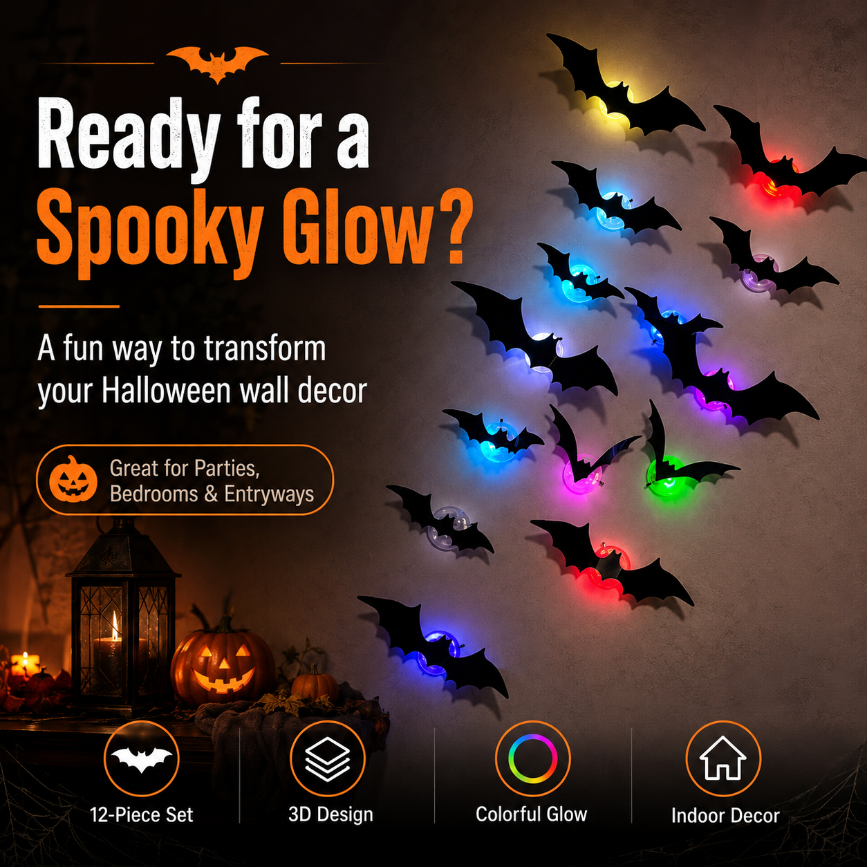 Telaion 3D LED Halloween Bat Wall Decor – Colorful Glowing Flying Bats