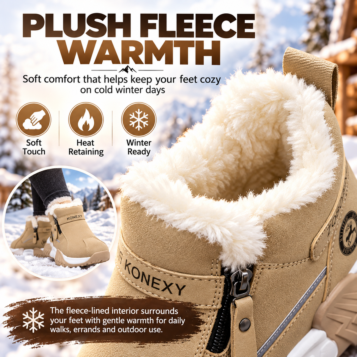 Warm Fleece Winter Snow Boots with Side Zip | Anti-Slip Outdoor Ankle Shoes