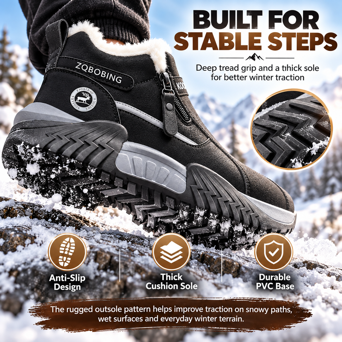 Warm Fleece Winter Snow Boots with Side Zip | Anti-Slip Outdoor Ankle Shoes