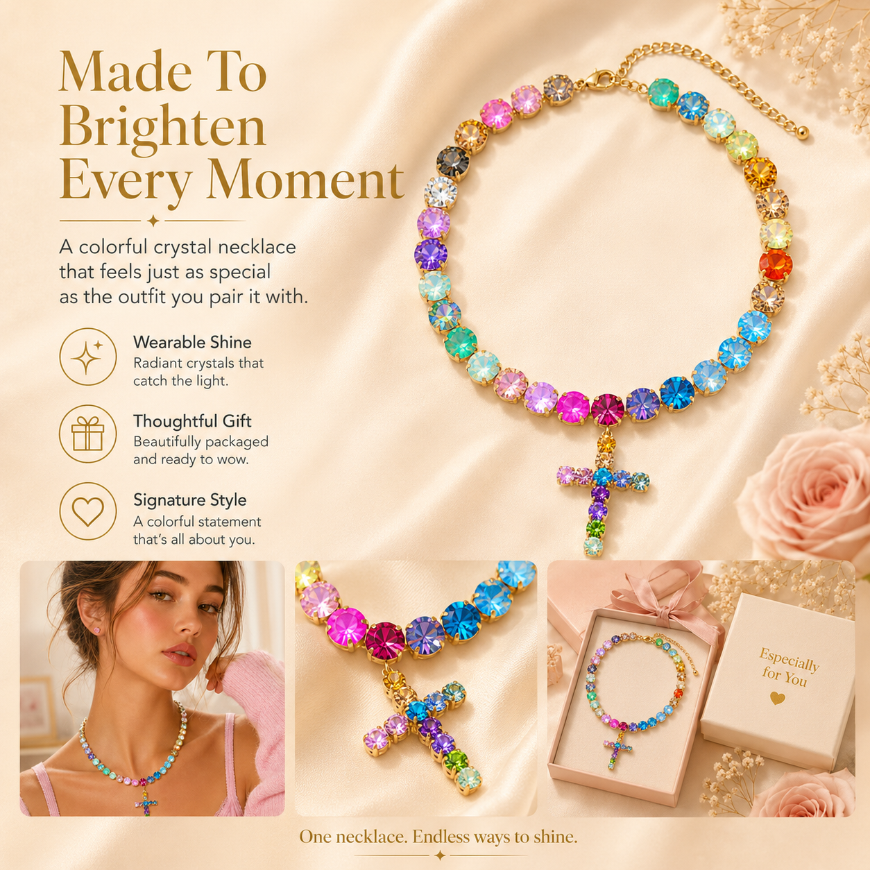 Colorful Crystal Cross Necklace – Sparkling Adjustable Statement Jewelry