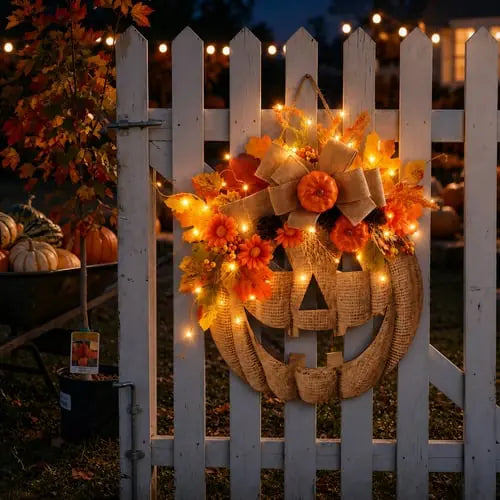 Lighted burlap pumpkin wreath glowing on a fence at night