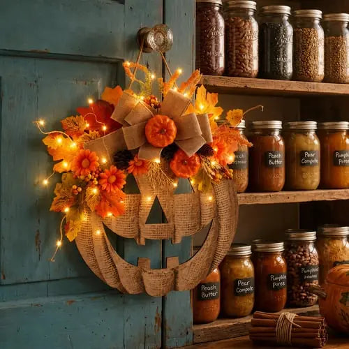 Lighted pumpkin wreath displayed on a pantry door