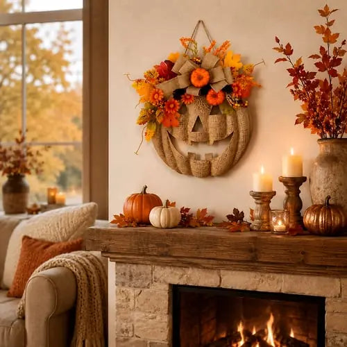 Pumpkin wreath styled above a fall mantel
