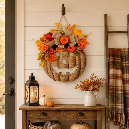 Pumpkin wreath displayed in a bright fall entryway