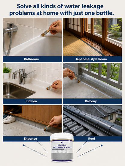 🚀 This aerospace-grade waterproofing agent uses a 99% high-concentrate formula. ⏱️ It penetrates deep into cracks and forms a protective film within minutes, ✨ dries completely invisibly, and 🏠 effortlessly stops water seepage on roofs and walls.