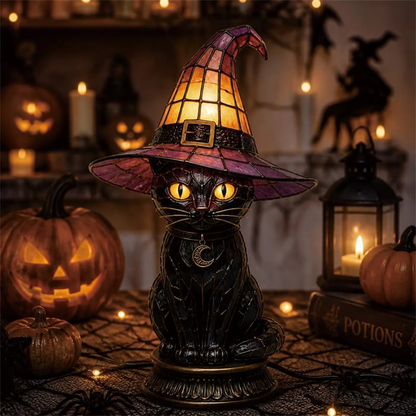 🎃Gothic Stained Glass Witch Black Cat Table Lamp | Halloween Witch Hat Night Light Decor