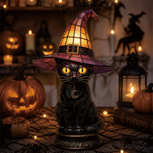 🎃Gothic Stained Glass Witch Black Cat Table Lamp | Halloween Witch Hat Night Light Decor