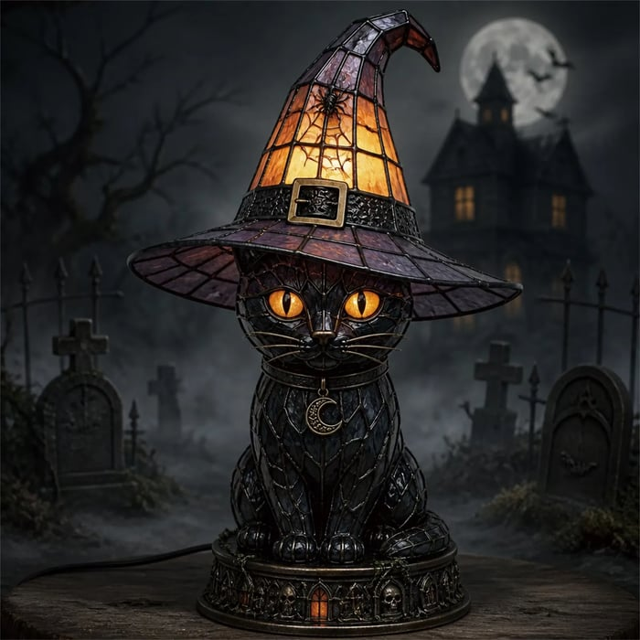🎃Gothic Stained Glass Witch Black Cat Table Lamp | Halloween Witch Hat Night Light Decor