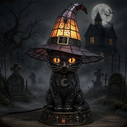 🎃Gothic Stained Glass Witch Black Cat Table Lamp | Halloween Witch Hat Night Light Decor