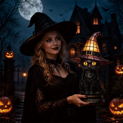 🎃Gothic Stained Glass Witch Black Cat Table Lamp | Halloween Witch Hat Night Light Decor