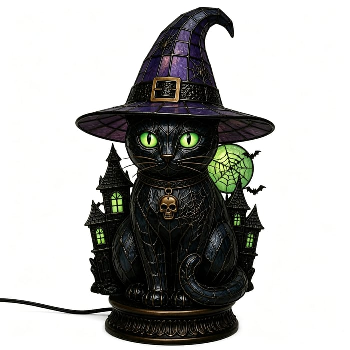 🎃Gothic Stained Glass Witch Black Cat Table Lamp | Halloween Witch Hat Night Light Decor