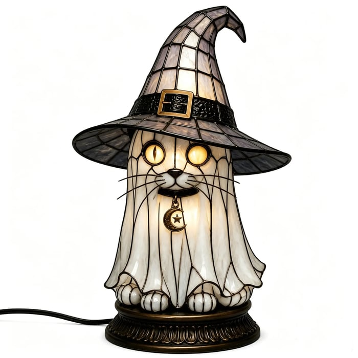 🎃Gothic Stained Glass Witch Black Cat Table Lamp | Halloween Witch Hat Night Light Decor