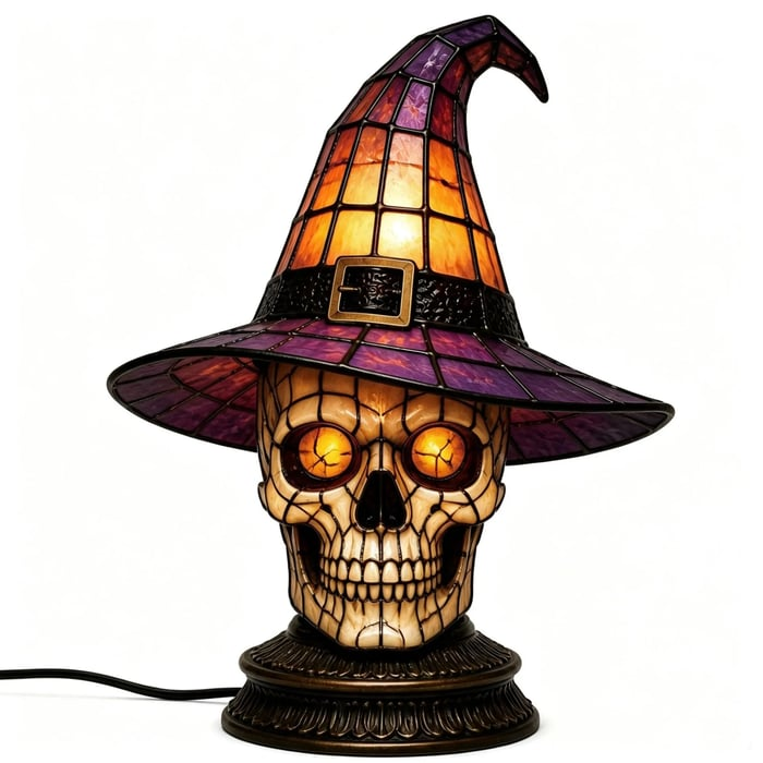 🎃Gothic Stained Glass Witch Black Cat Table Lamp | Halloween Witch Hat Night Light Decor