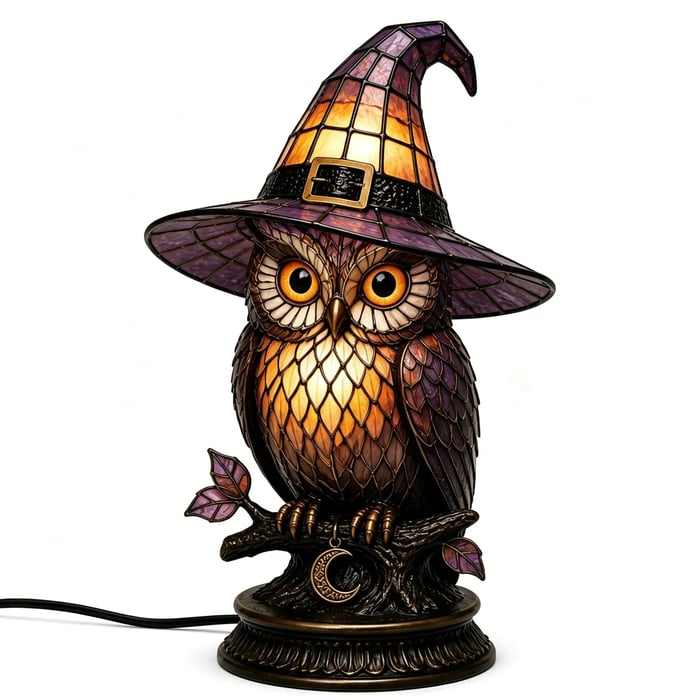 🎃Gothic Stained Glass Witch Black Cat Table Lamp | Halloween Witch Hat Night Light Decor