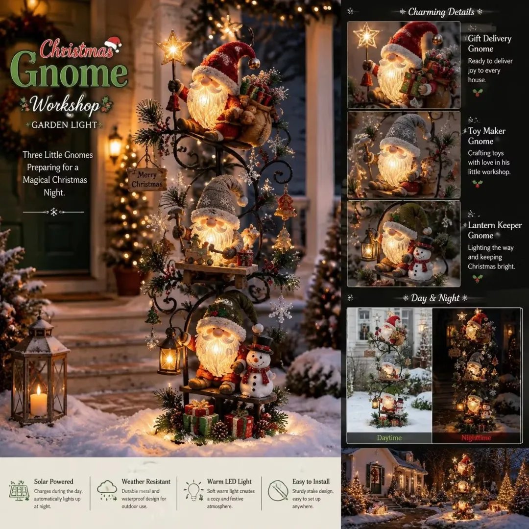 🎄✨ Christmas Gnome Workshop Solar Garden Light 🎁🌟