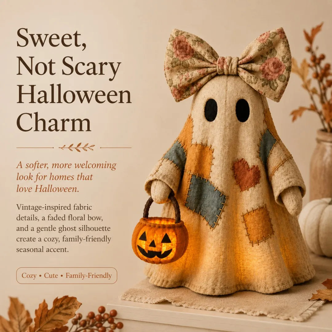👻 25.6" Lighted Vintage Patchwork Ghost – Cozy Halloween & Fall Home Decor