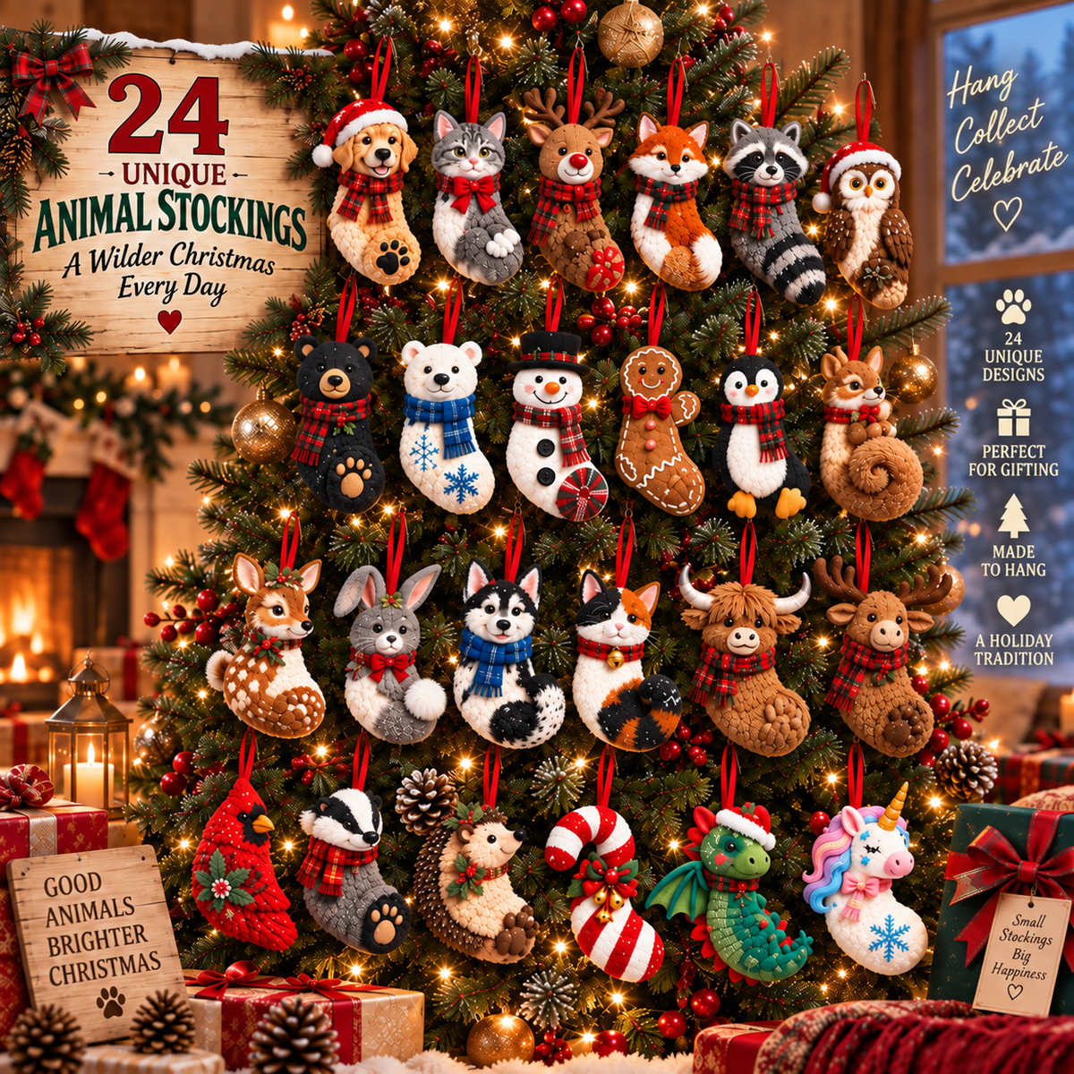 24 Days of Christmas Animal Stockings Advent Calendar – 24 Unique Animal Stocking Ornaments for Christmas Tree & Family Holiday Fun
