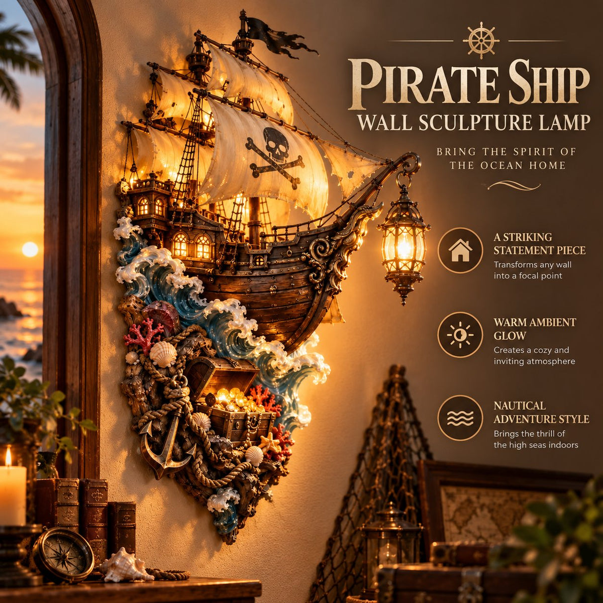 🔥Buy 2 Get 20% OFF🔥🏴‍☠️⛵🔥 Illuminated Pirate Ship Wall Lantern | Glowing Ghost Ship & Treasure Chest Sculpture, Nautical Fantasy Coastal Wall Décor