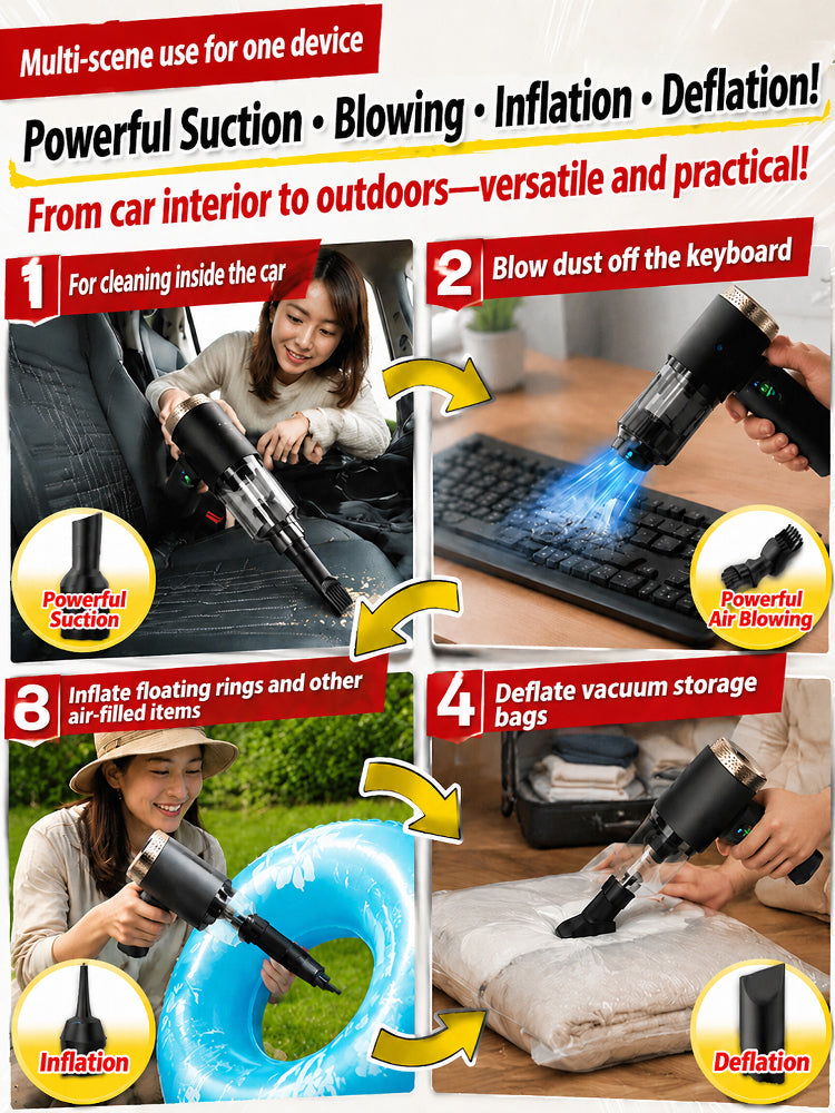 🚀 3-in-1 Car Vacuum: 3s to Clean & Inflate, No more messy seats!
