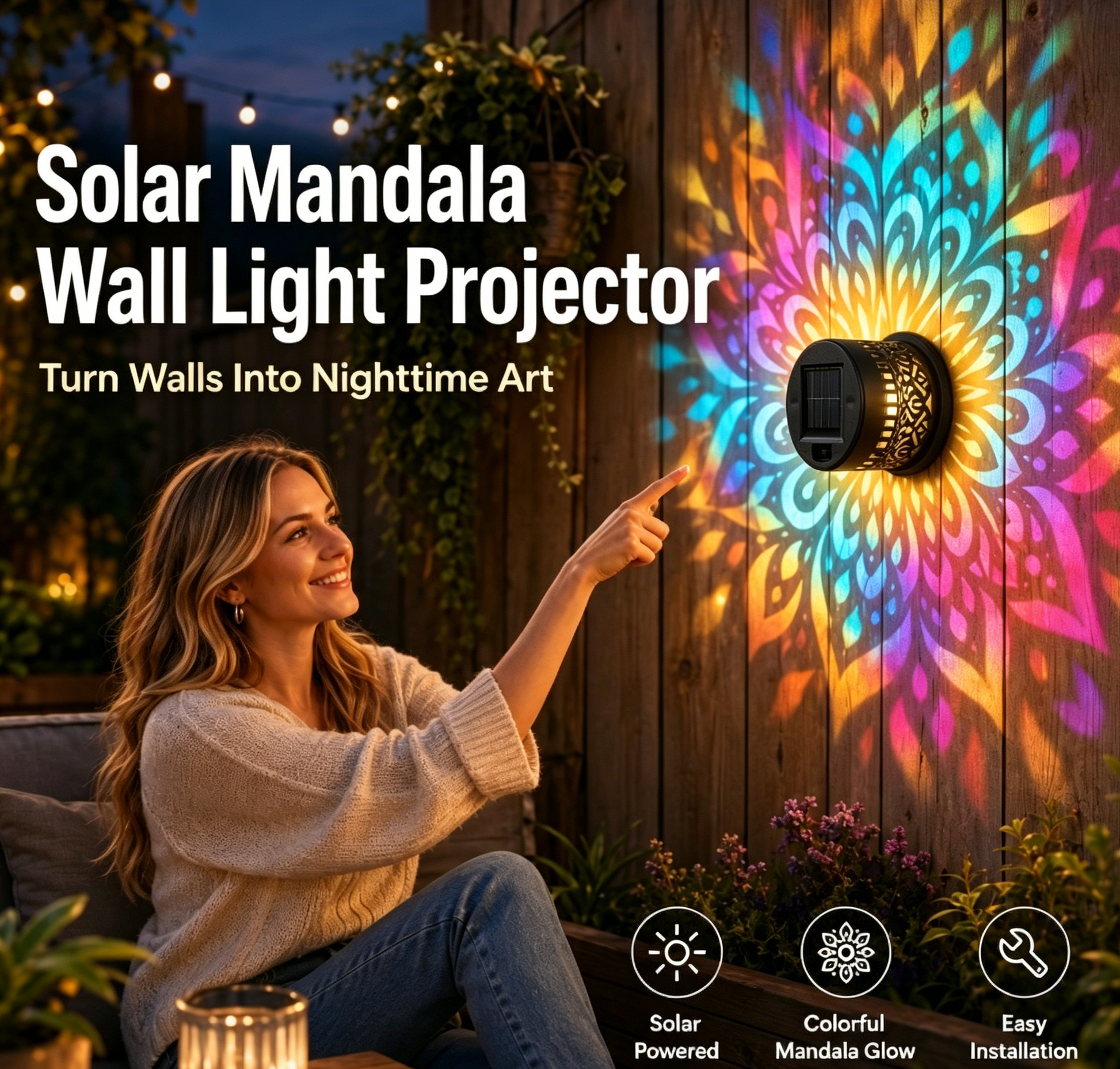 Solar Mandala Wall Light Outdoor Garden Fence Projector Lamp Patio Ambient Decor