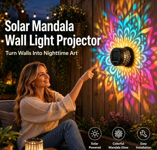 Solar Mandala Wall Light Outdoor Garden Fence Projector Lamp Patio Ambient Decor