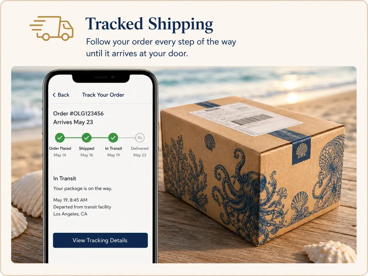 Tracked shipping updates shown beside a securely packed parcel
