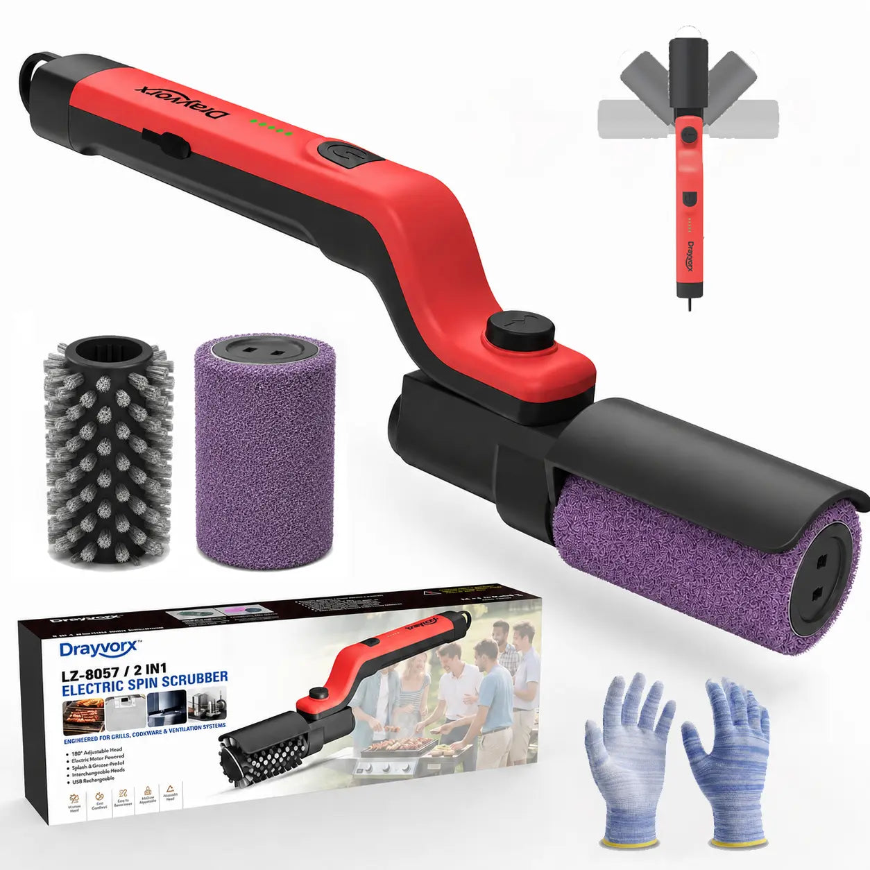 Drayvorx 2-in-1 Cordless Electric Grill Brush, Spin Scrubber with 3-Speed Motor for BBQ Cleaning