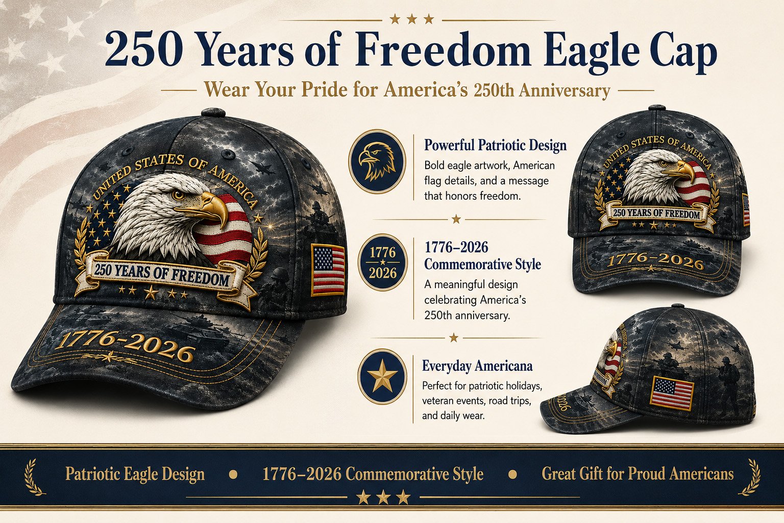 ✨250 Years of Freedom Eagle Cap | Patriotic Vintage Baseball Hat – 1776–2026 American Tribute Edition